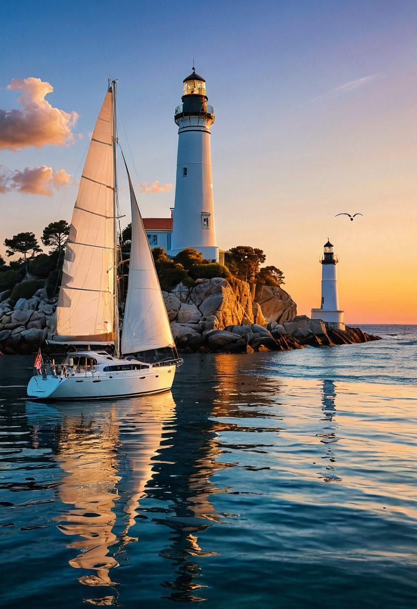 A visually stunning contrast between a classic sailboat and a modern luxury yacht, anchored side by side in a clear blue ocean. Include a lighthouse in the background and a setting sun illuminating the scene, symbolizing the transition from simplicity to luxury in marine coverage. Add subtle waves and seagulls flying to enhance the coastal vibe. vibrant colors. super-realistic.