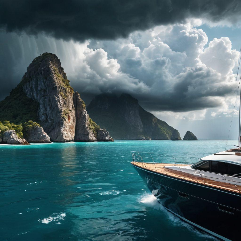 A luxurious yacht gracefully sailing on crystal-clear waters, with dramatic storm clouds on one side representing risk, and a serene sunlit horizon on the other signifying safety. Include a backdrop of rocky coastlines and distant islands to emphasize adventure. Overlay subtle insurance symbols like shields and documents in the sky. The scene should evoke a sense of tension and tranquility. realistic style. vibrant colors. 3D.
