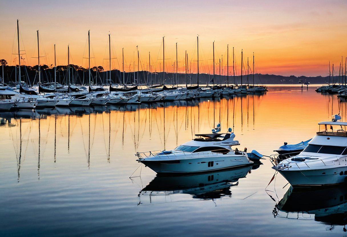 A serene marina at sunset, showcasing a variety of luxurious yachts moored alongside shimmering water. Include a sailboat in the foreground with a couple reviewing insurance documents, while a harbor master oversees the scene, emphasizing safety and guidance. Soft reflections of the yachts on the water add a calming effect. idyllic atmosphere, super-realistic, warm colors, white background.